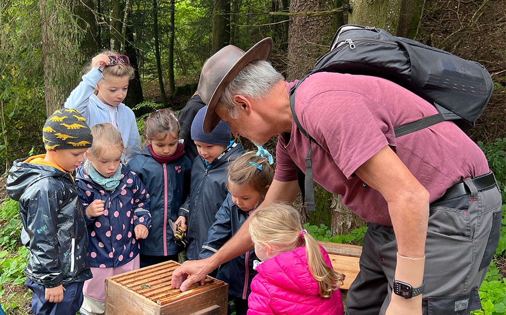 Kinder entdecken einen Bienenkasten